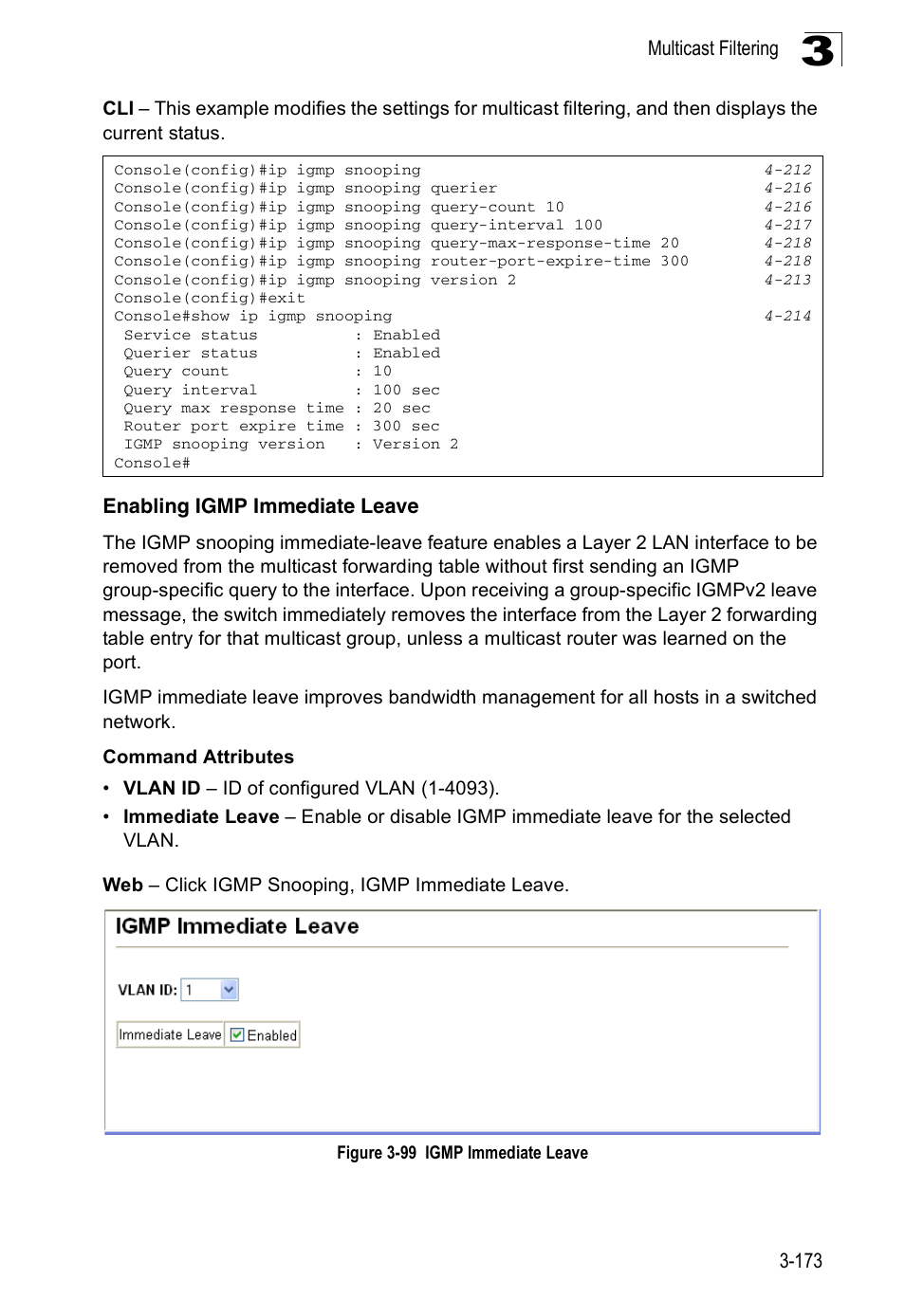 Enabling igmp immediate leave, Figure 3-99 igmp immediate leave | Accton Technology ES3526XA User Manual | Page 217 / 512