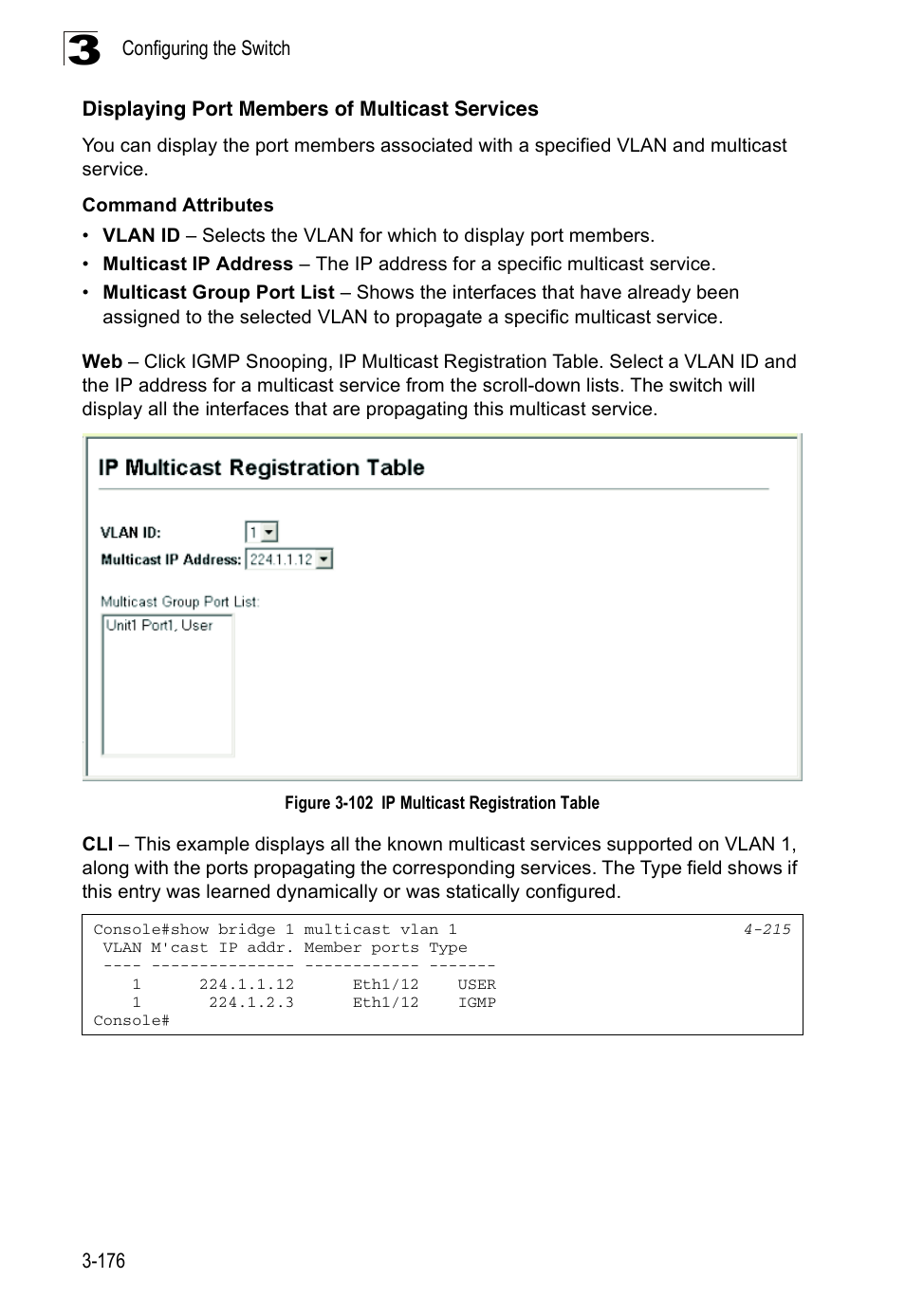 Displaying port members of multicast services, Figure 3-102 ip multicast registration table | Accton Technology ES3526XA User Manual | Page 220 / 512