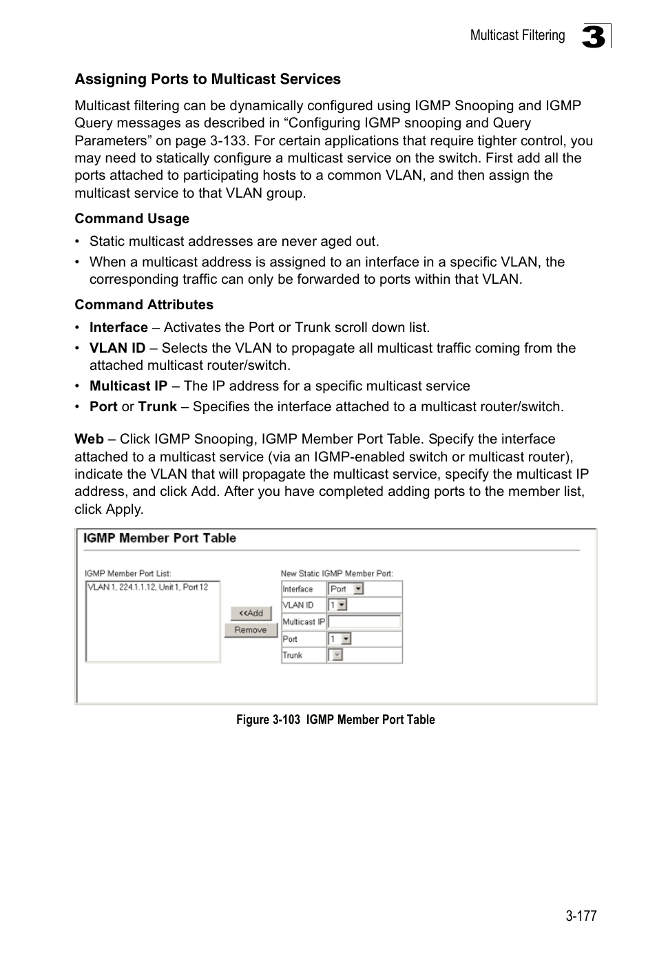 Assigning ports to multicast services, Figure 3-103 igmp member port table | Accton Technology ES3526XA User Manual | Page 221 / 512
