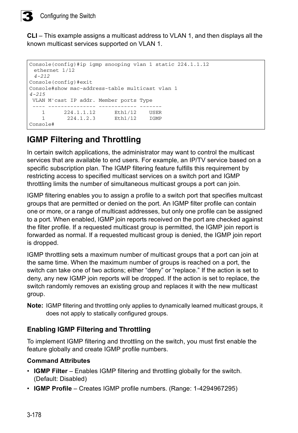 Igmp filtering and throttling, Enabling igmp filtering and throttling | Accton Technology ES3526XA User Manual | Page 222 / 512