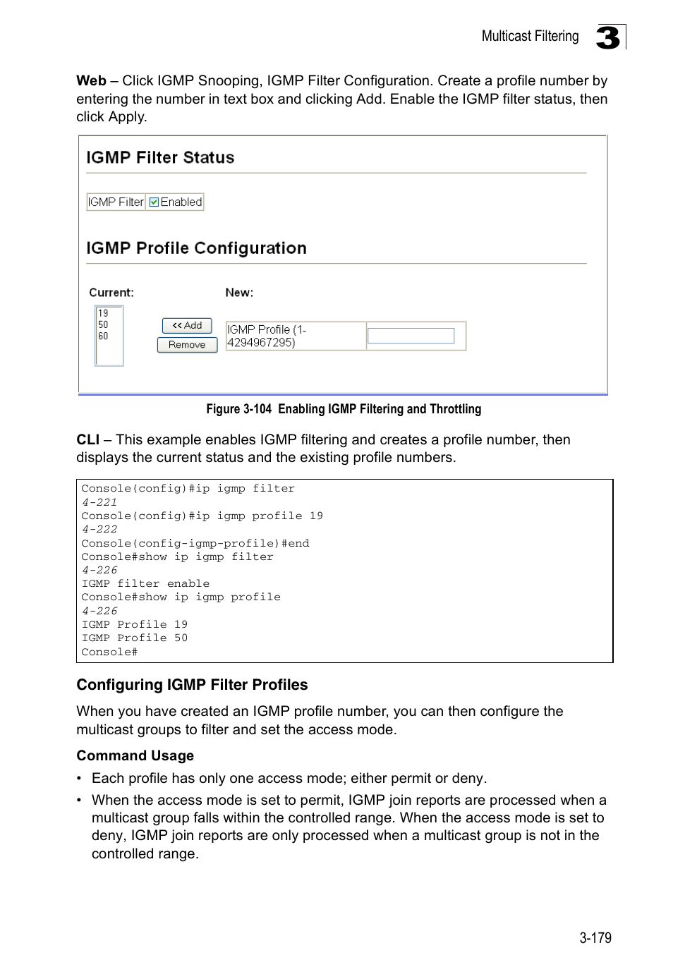 Configuring igmp filter profiles | Accton Technology ES3526XA User Manual | Page 223 / 512