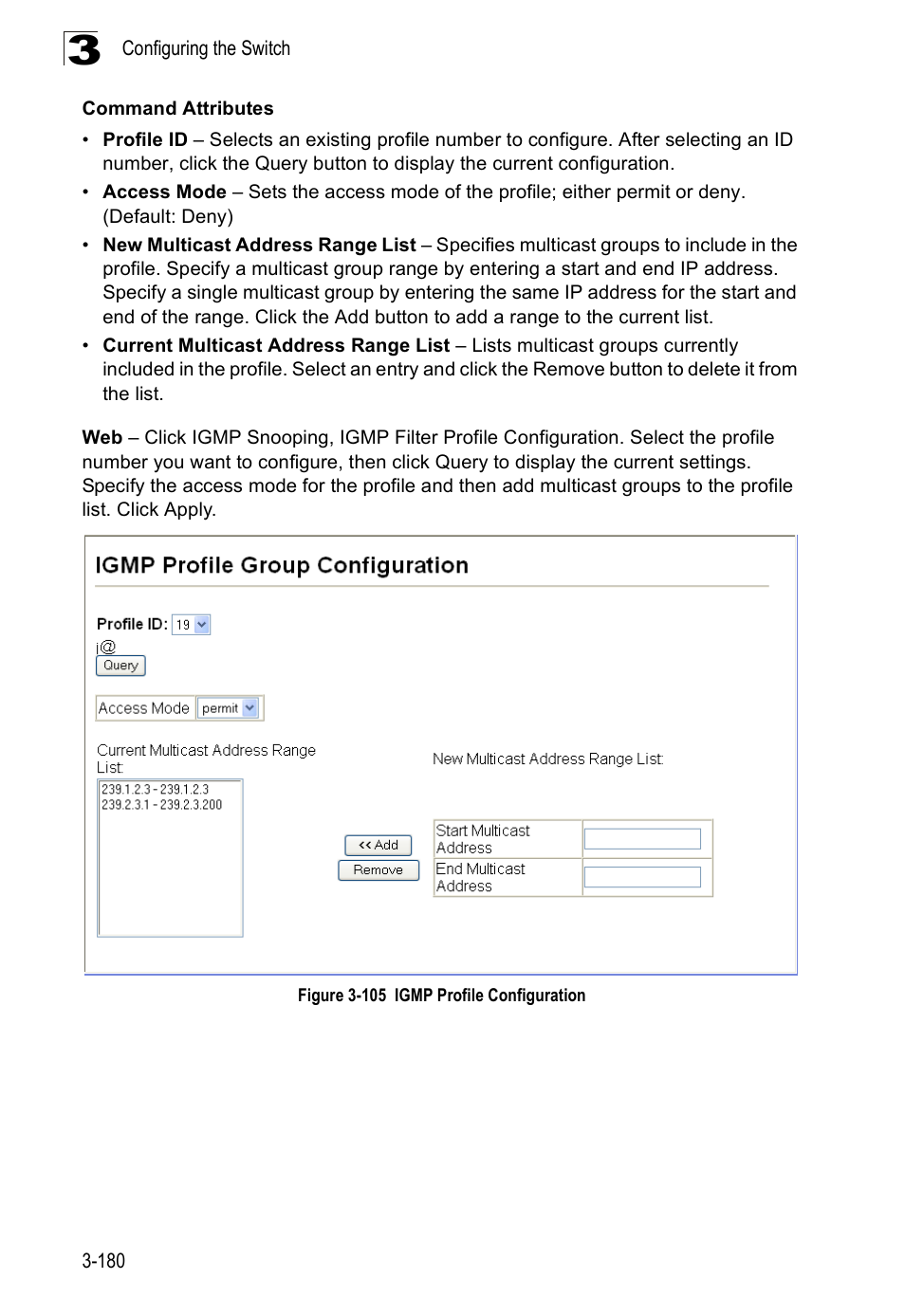 Figure 3-105 igmp profile configuration | Accton Technology ES3526XA User Manual | Page 224 / 512
