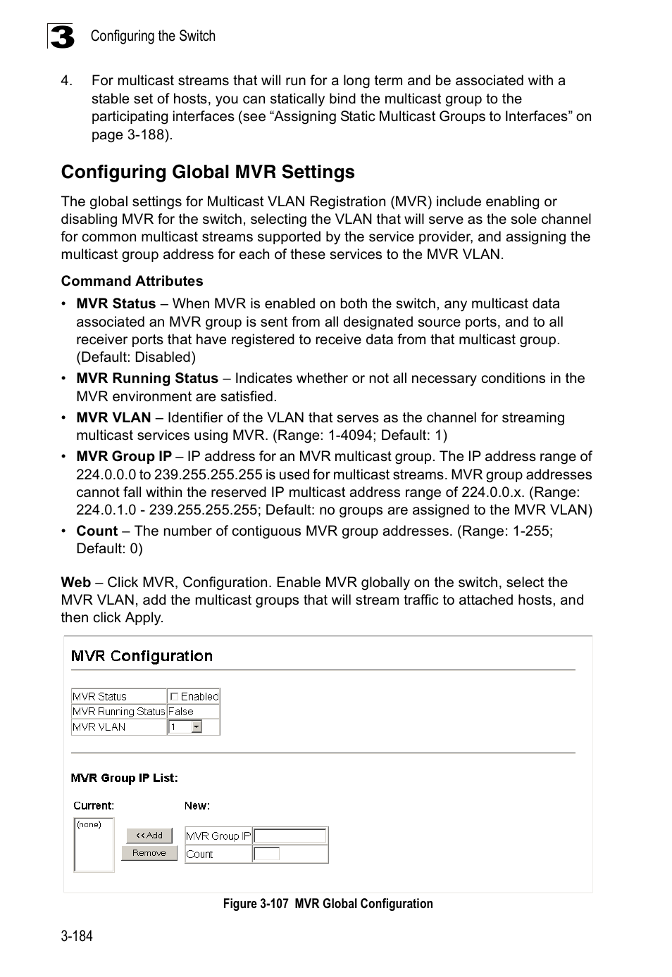 Configuring global mvr settings, Figure 3-107 mvr global configuration | Accton Technology ES3526XA User Manual | Page 228 / 512