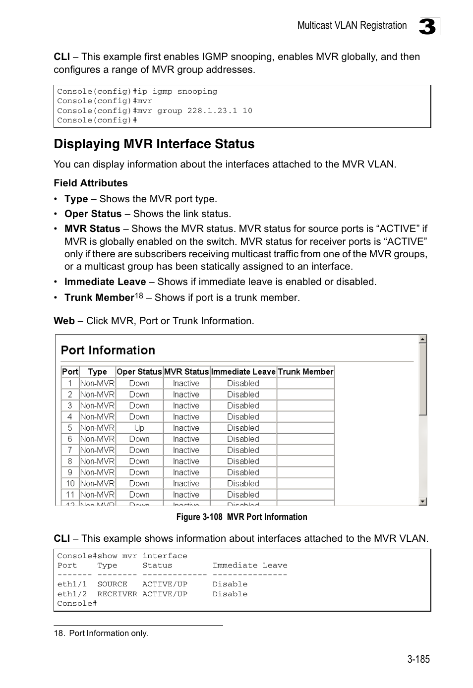 Displaying mvr interface status, Figure 3-108 mvr port information | Accton Technology ES3526XA User Manual | Page 229 / 512
