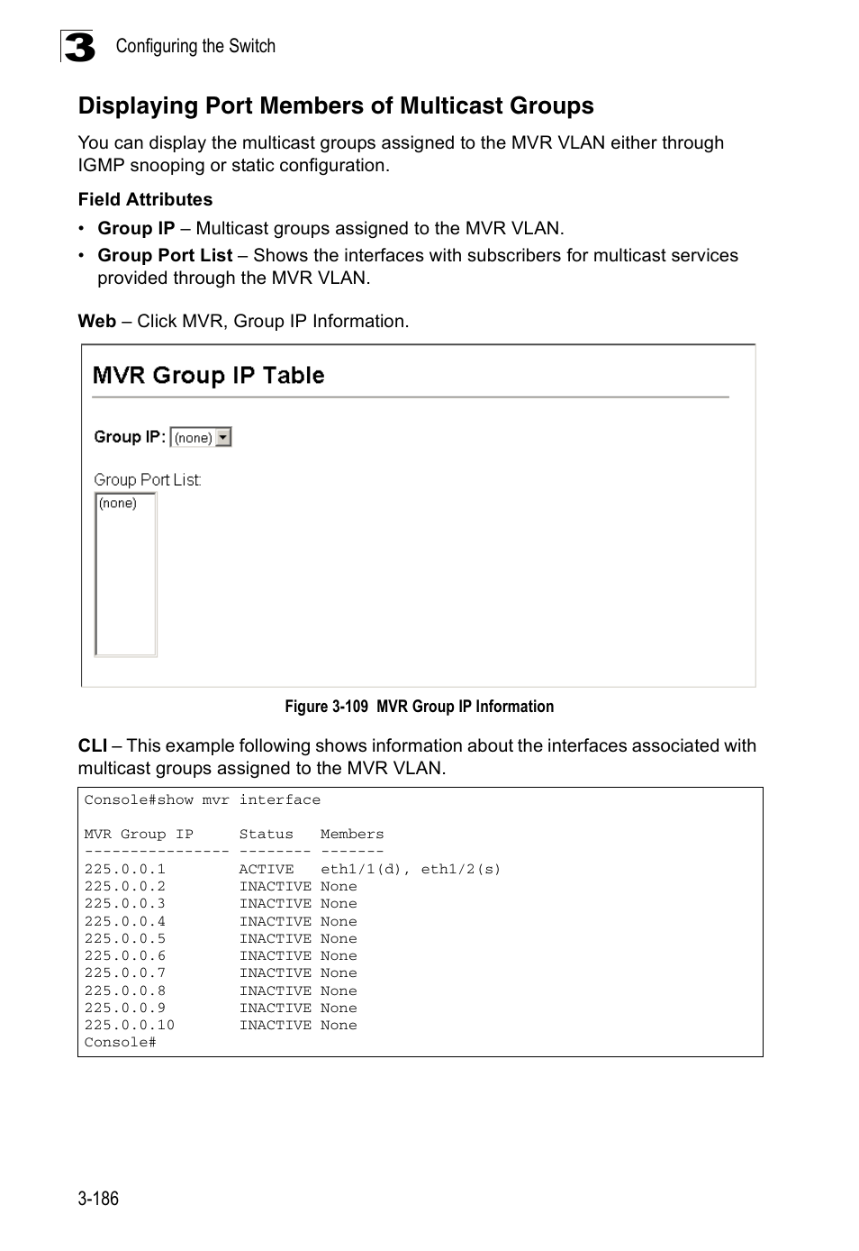 Displaying port members of multicast groups, Figure 3-109 mvr group ip information | Accton Technology ES3526XA User Manual | Page 230 / 512
