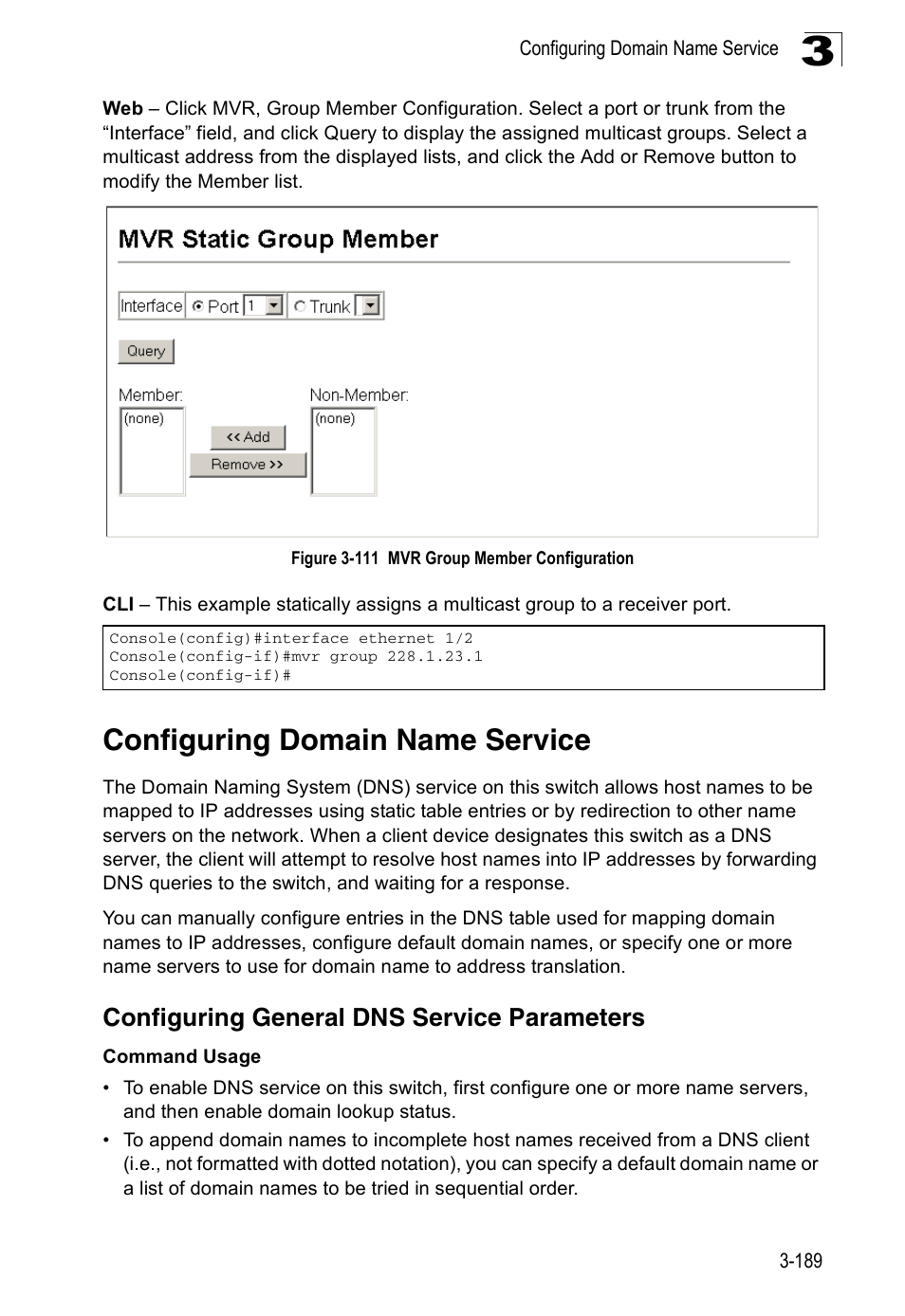 Configuring domain name service, Configuring general dns service parameters, Figure 3-111 mvr group member configuration | Accton Technology ES3526XA User Manual | Page 233 / 512