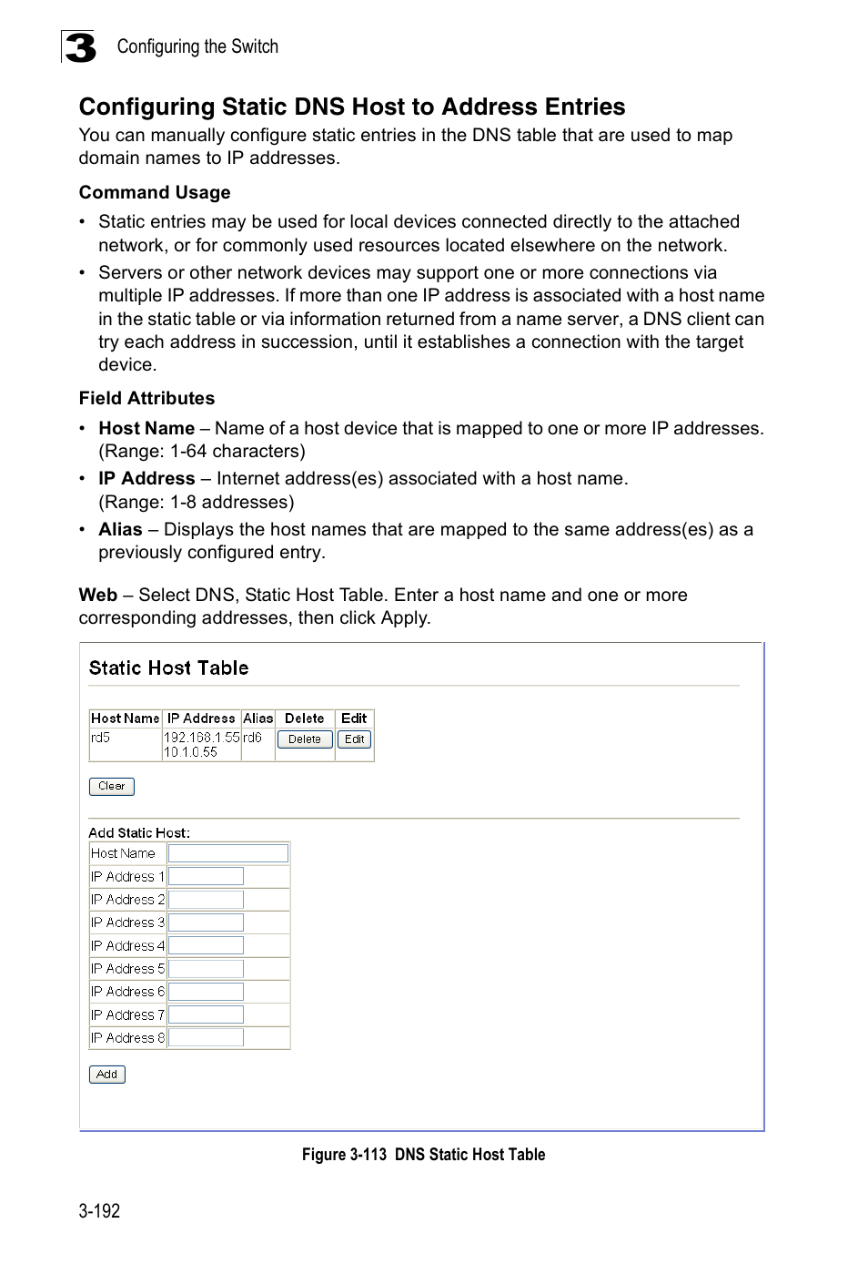 Configuring static dns host to address entries, Figure 3-113 dns static host table | Accton Technology ES3526XA User Manual | Page 236 / 512