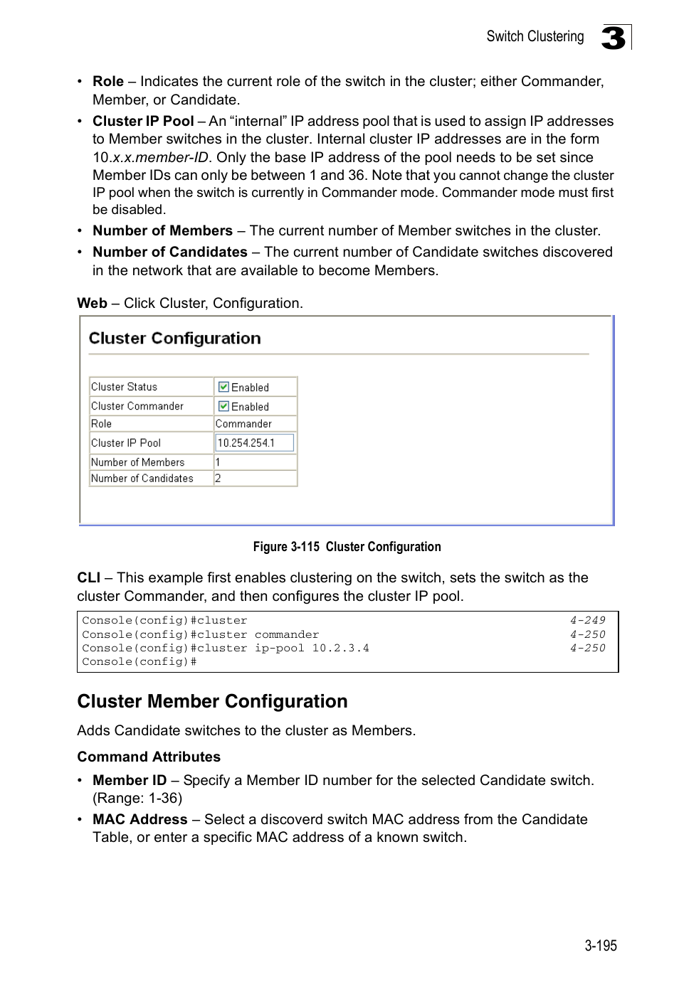 Cluster member configuration, Figure 3-115 cluster configuration | Accton Technology ES3526XA User Manual | Page 239 / 512