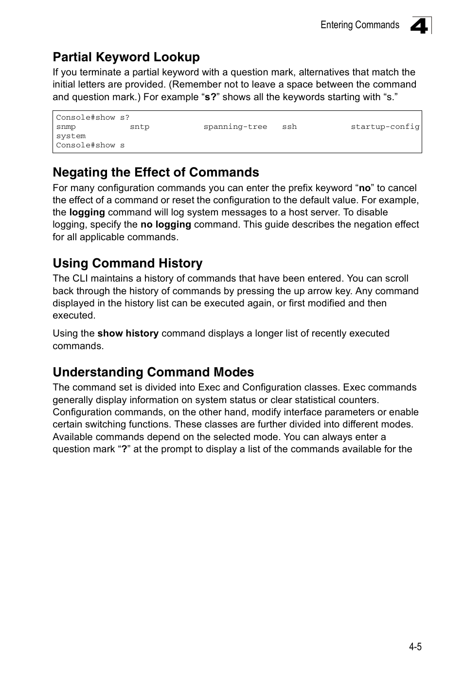 Partial keyword lookup, Negating the effect of commands, Using command history | Understanding command modes | Accton Technology ES3526XA User Manual | Page 247 / 512