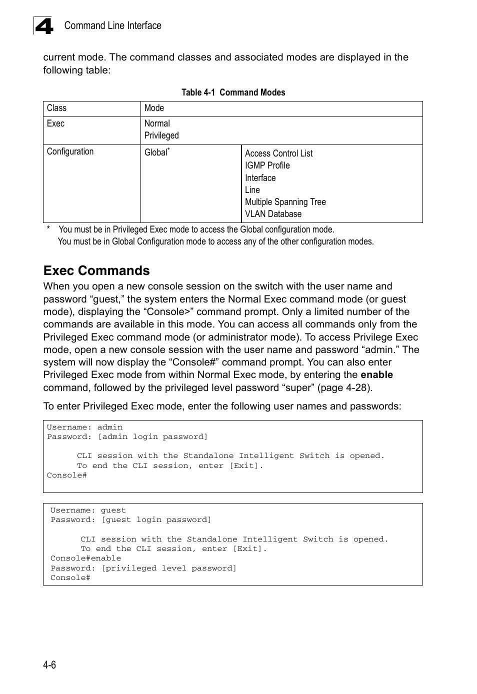 Exec commands, Table 4-1, Command modes | Accton Technology ES3526XA User Manual | Page 248 / 512