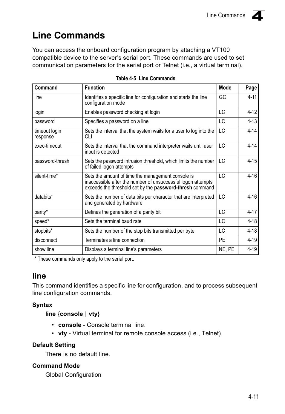 Line commands, Line, Line 4-11 | Table 4-5 | Accton Technology ES3526XA User Manual | Page 253 / 512