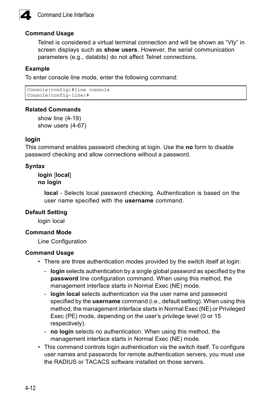 Login, Login 4-12 | Accton Technology ES3526XA User Manual | Page 254 / 512