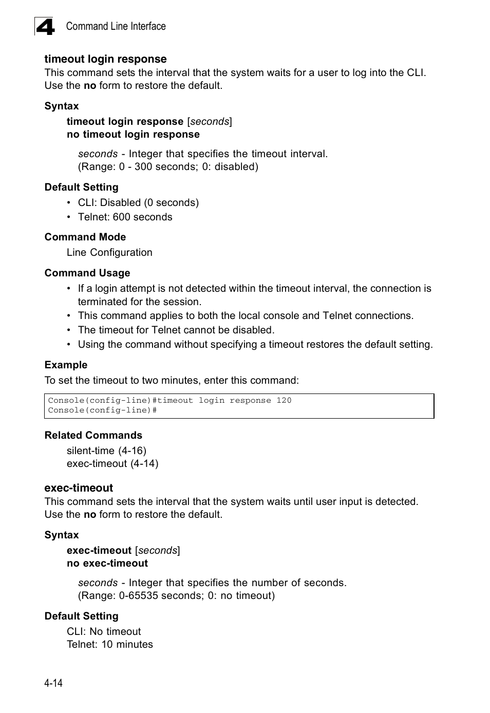 Timeout login response, Exec-timeout, Exec-timeout 4-14 | Accton Technology ES3526XA User Manual | Page 256 / 512