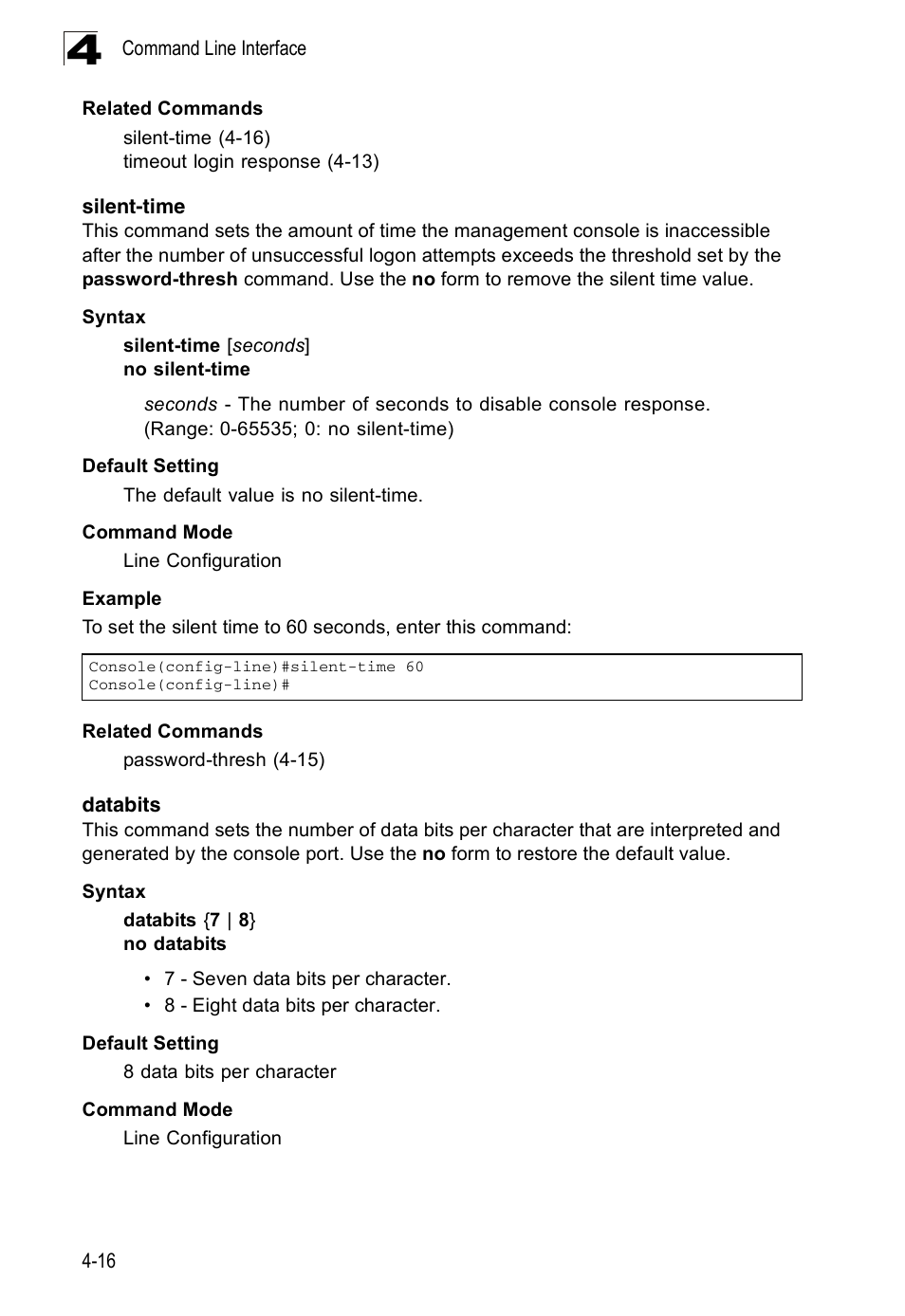 Silent-time, Databits, Silent-time 4-16 databits 4-16 | Accton Technology ES3526XA User Manual | Page 258 / 512