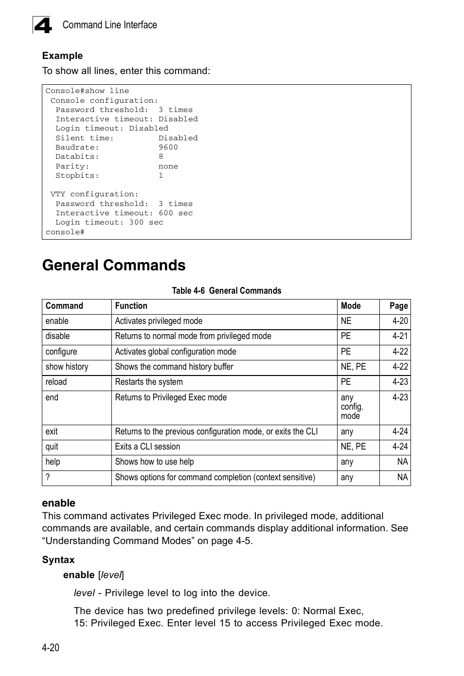 General commands, Enable, Enable 4-20 | Table 4-6 | Accton Technology ES3526XA User Manual | Page 262 / 512