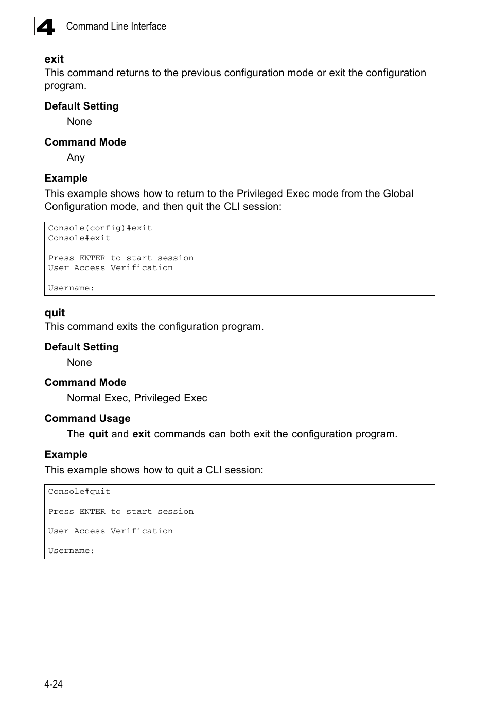 Exit, Quit, Exit 4-24 quit 4-24 | Accton Technology ES3526XA User Manual | Page 266 / 512