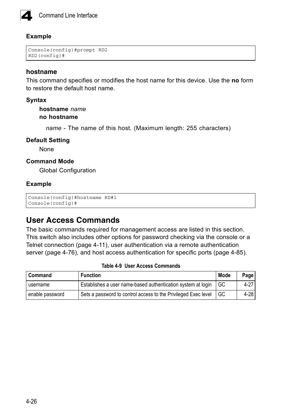 User access commands, Hostname 4-26, Table 4-9 | Accton Technology ES3526XA User Manual | Page 268 / 512