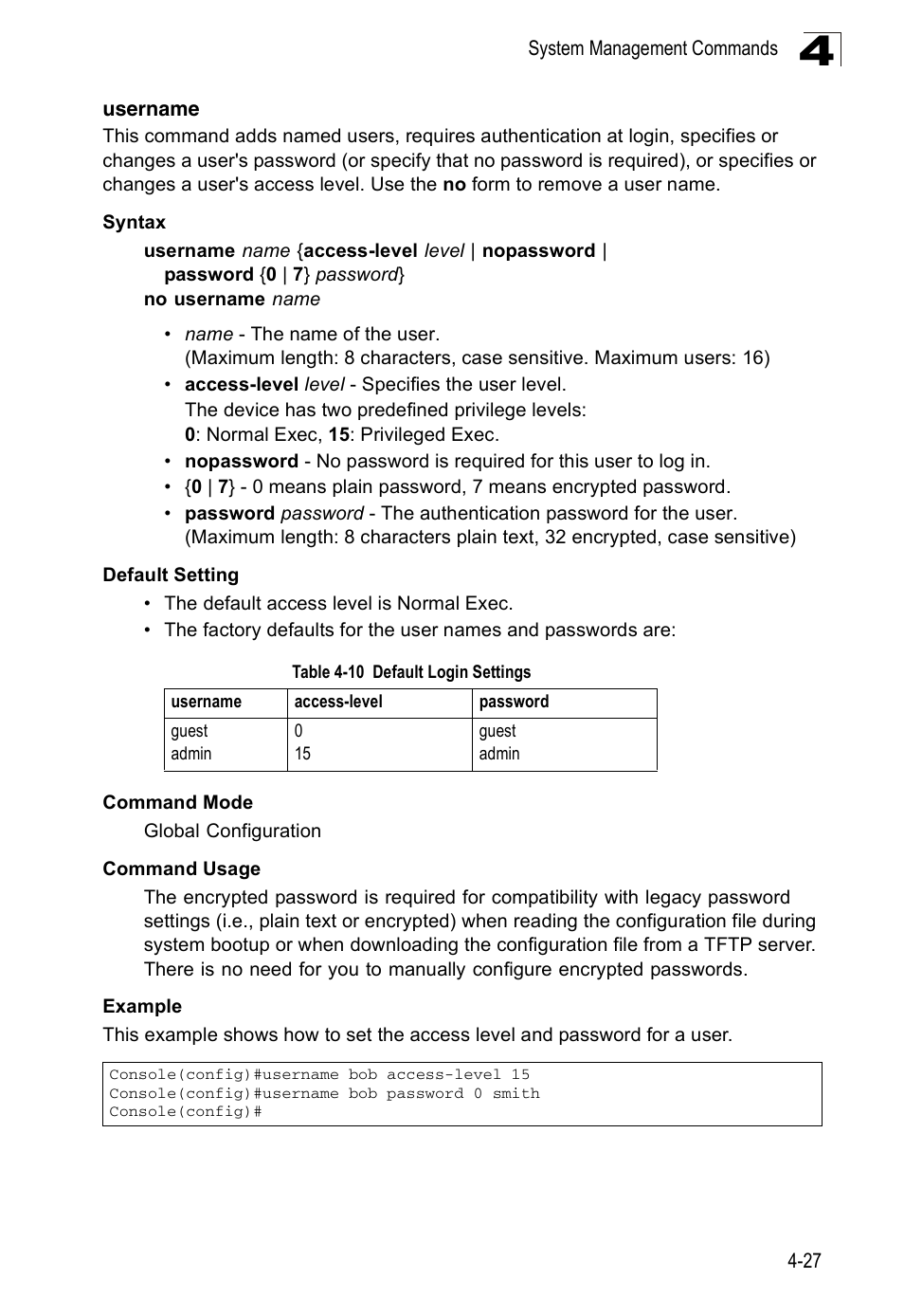 Username 4-27, Table 4-10, Default login settings | Username (4-27) | Accton Technology ES3526XA User Manual | Page 269 / 512