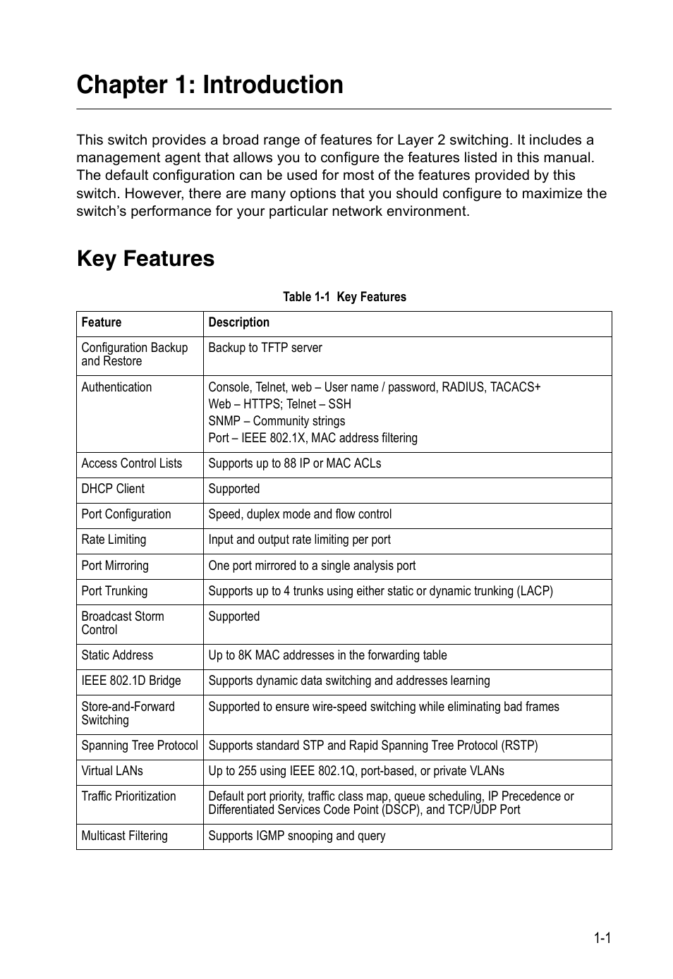 Chapter 1: introduction, Key features, Table 1-1 | Accton Technology ES3526XA User Manual | Page 27 / 512