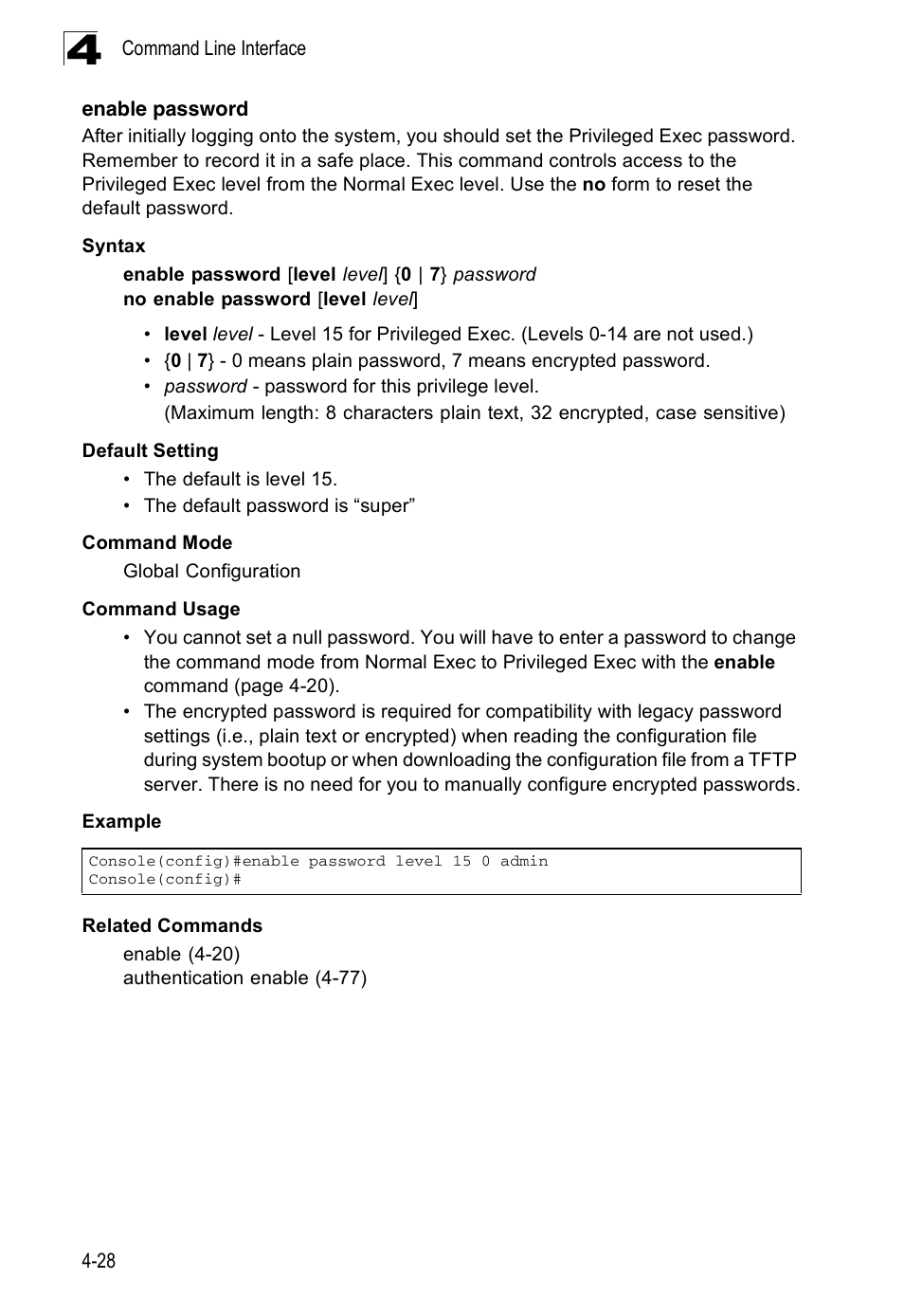 Enable password, Enable password (4-28) | Accton Technology ES3526XA User Manual | Page 270 / 512