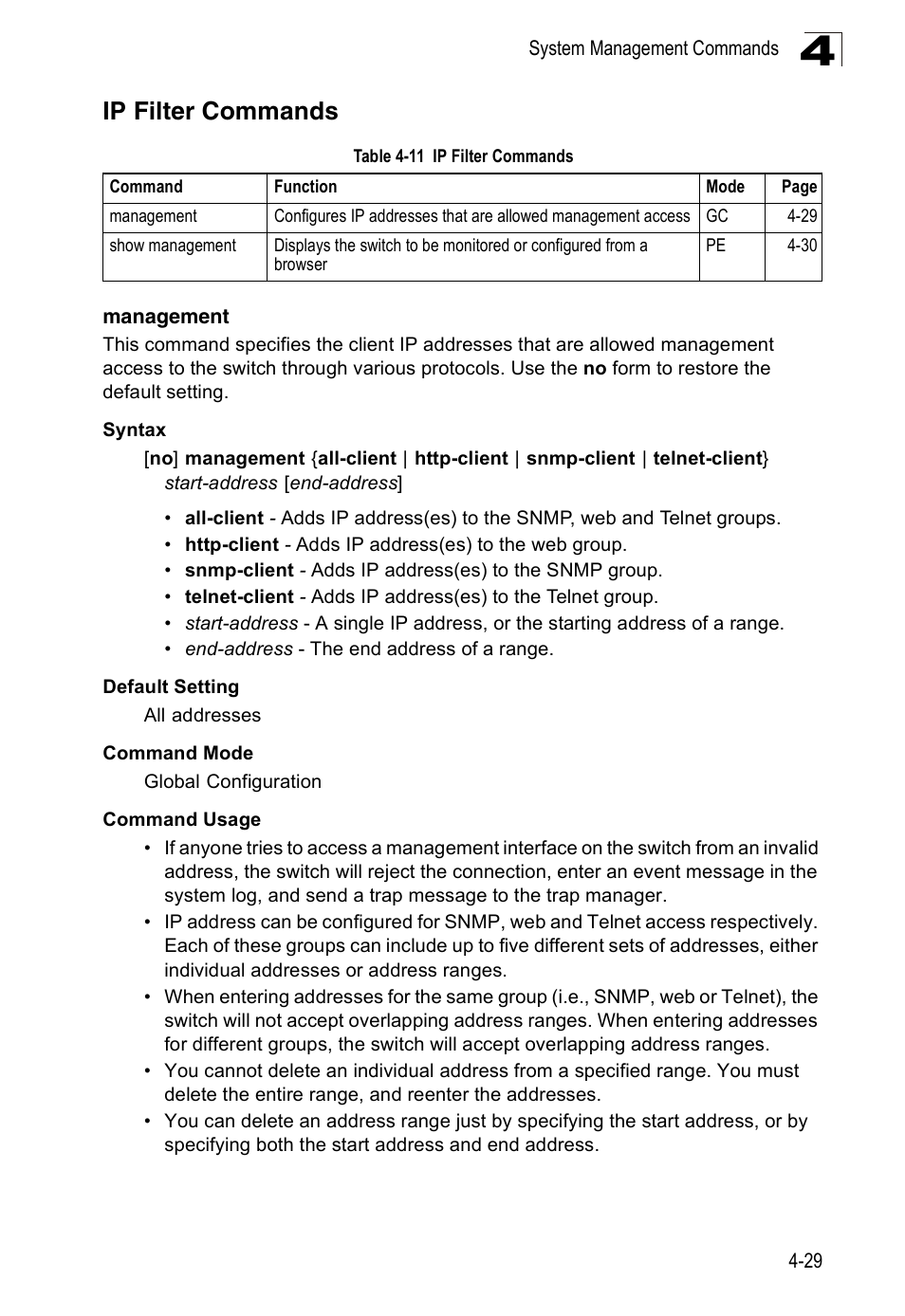 Ip filter commands, Management 4-29, Table 4-11 | Accton Technology ES3526XA User Manual | Page 271 / 512