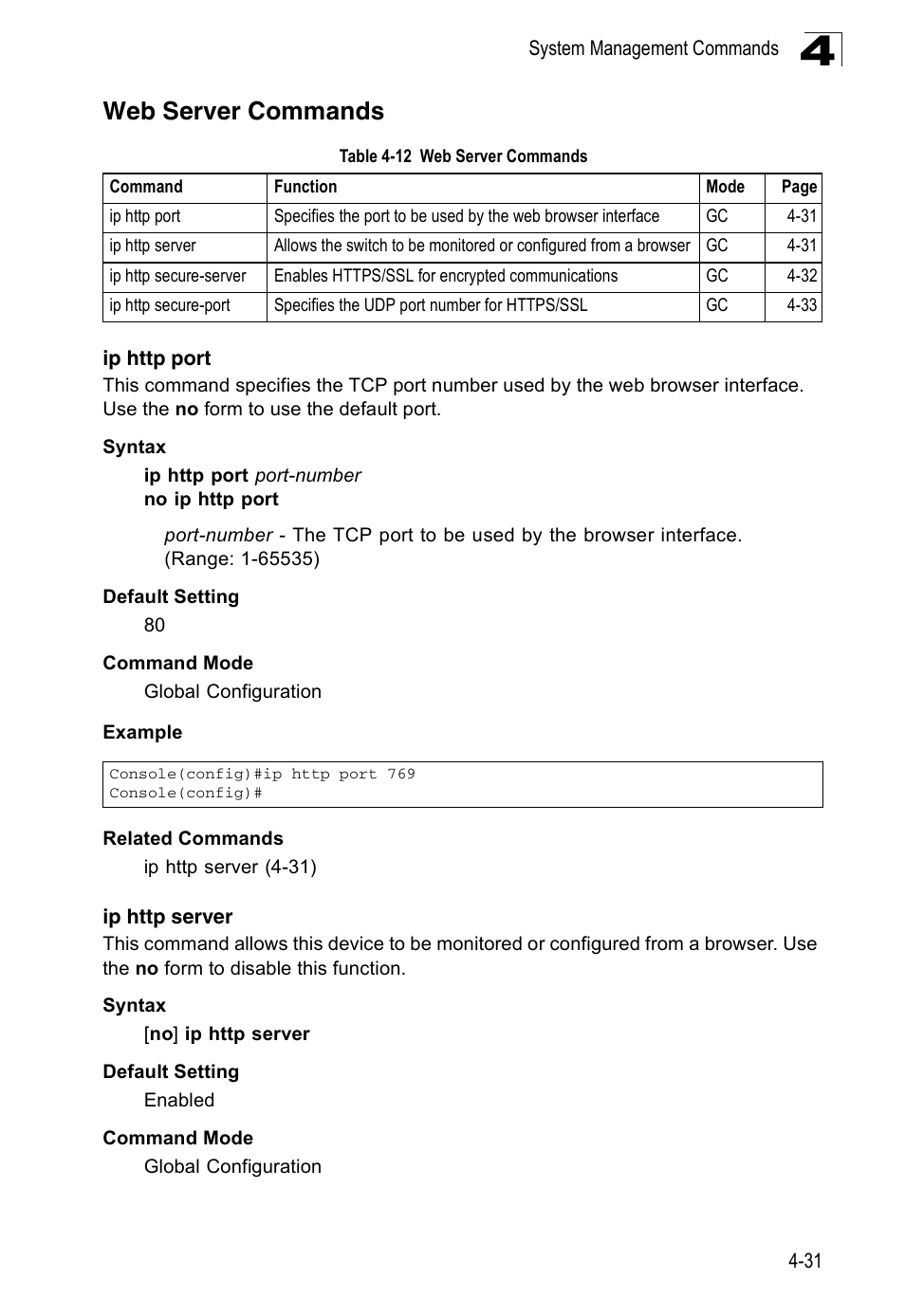 Web server commands, Ip http port, Ip http server | Table 4-12 | Accton Technology ES3526XA User Manual | Page 273 / 512