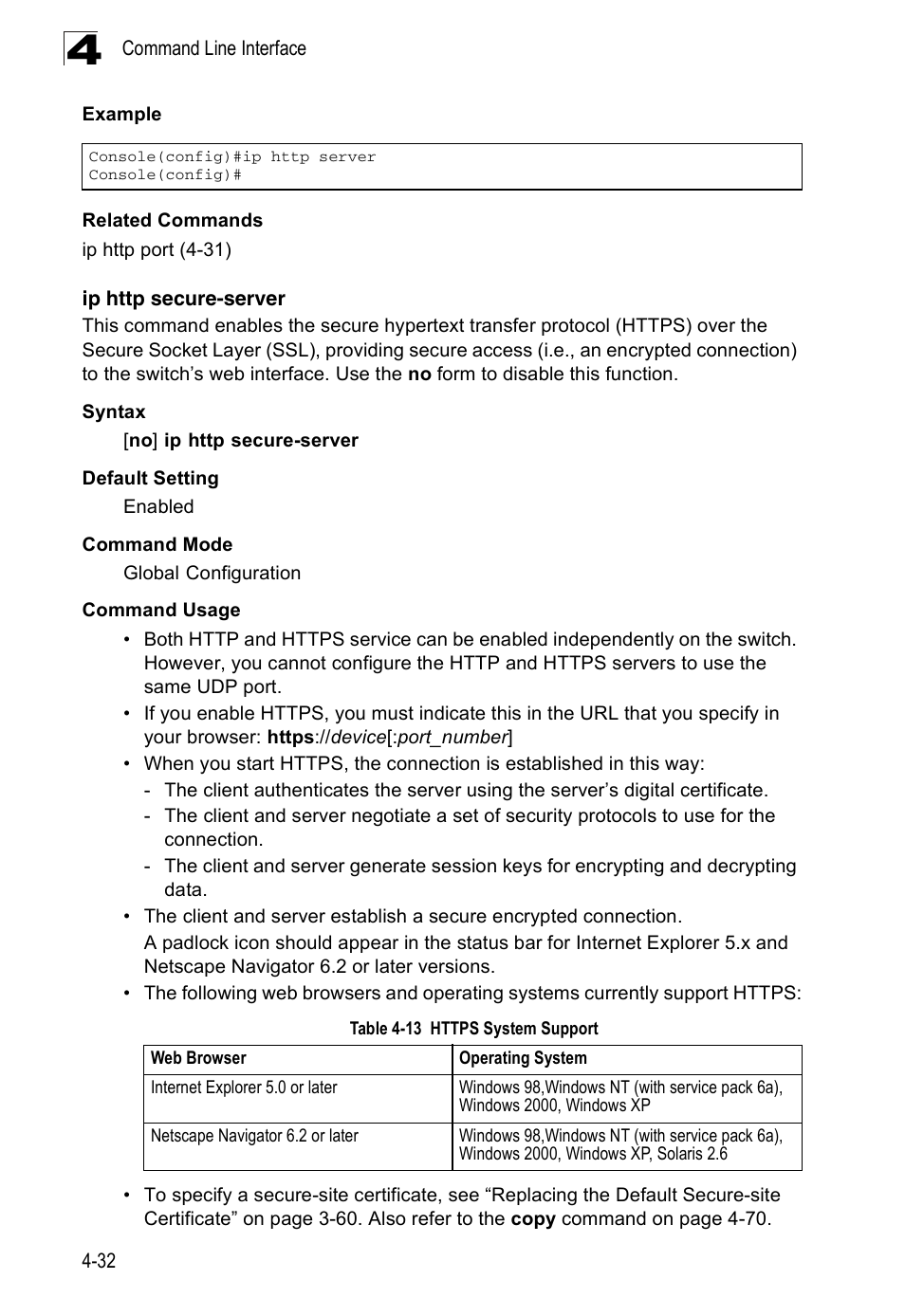 Ip http secure-server, Table 4-13, Https system support | Accton Technology ES3526XA User Manual | Page 274 / 512