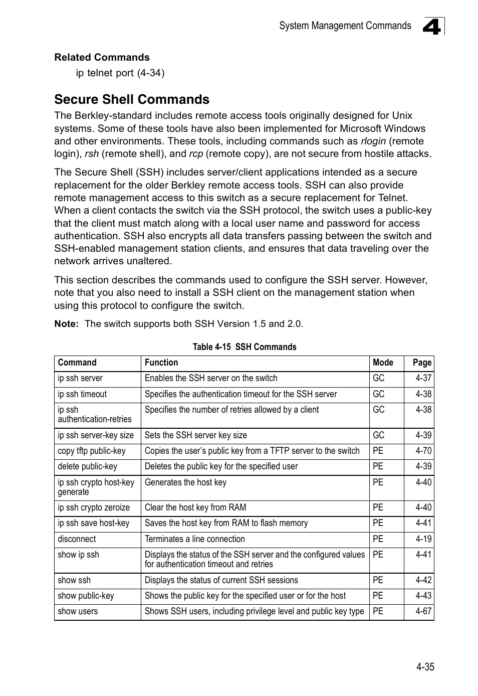 Secure shell commands, Table 4-15, Ssh commands | Accton Technology ES3526XA User Manual | Page 277 / 512