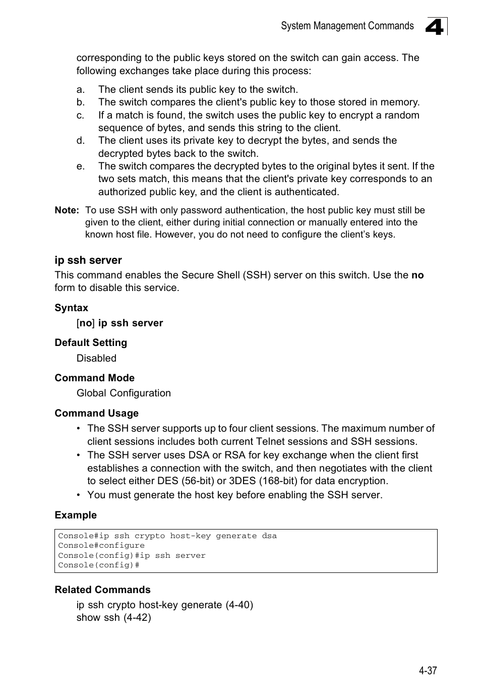 Ip ssh server | Accton Technology ES3526XA User Manual | Page 279 / 512