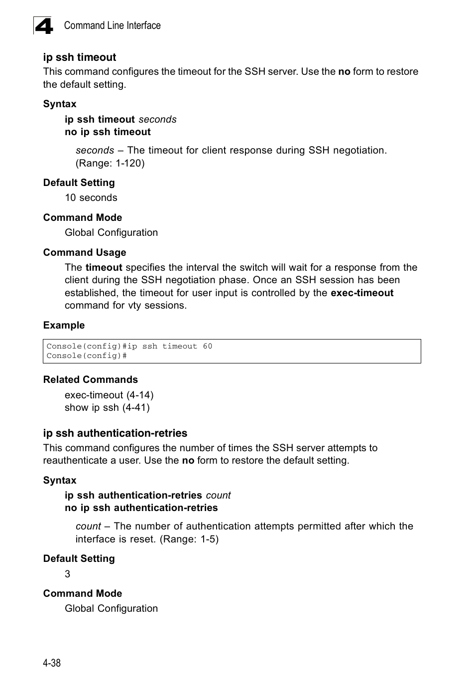 Ip ssh timeout, Ip ssh authentication-retries | Accton Technology ES3526XA User Manual | Page 280 / 512
