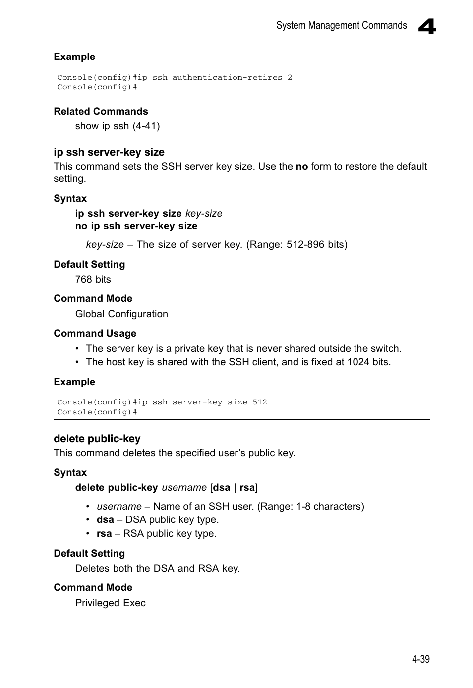 Ip ssh server-key size, Delete public-key | Accton Technology ES3526XA User Manual | Page 281 / 512