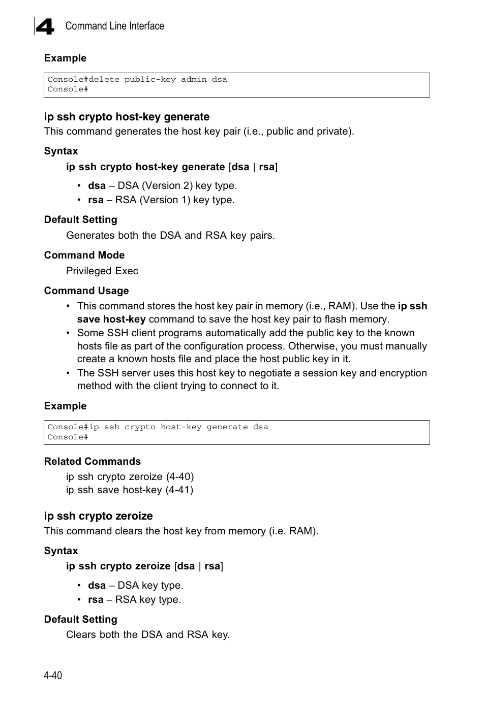 Ip ssh crypto host-key generate, Ip ssh crypto zeroize | Accton Technology ES3526XA User Manual | Page 282 / 512