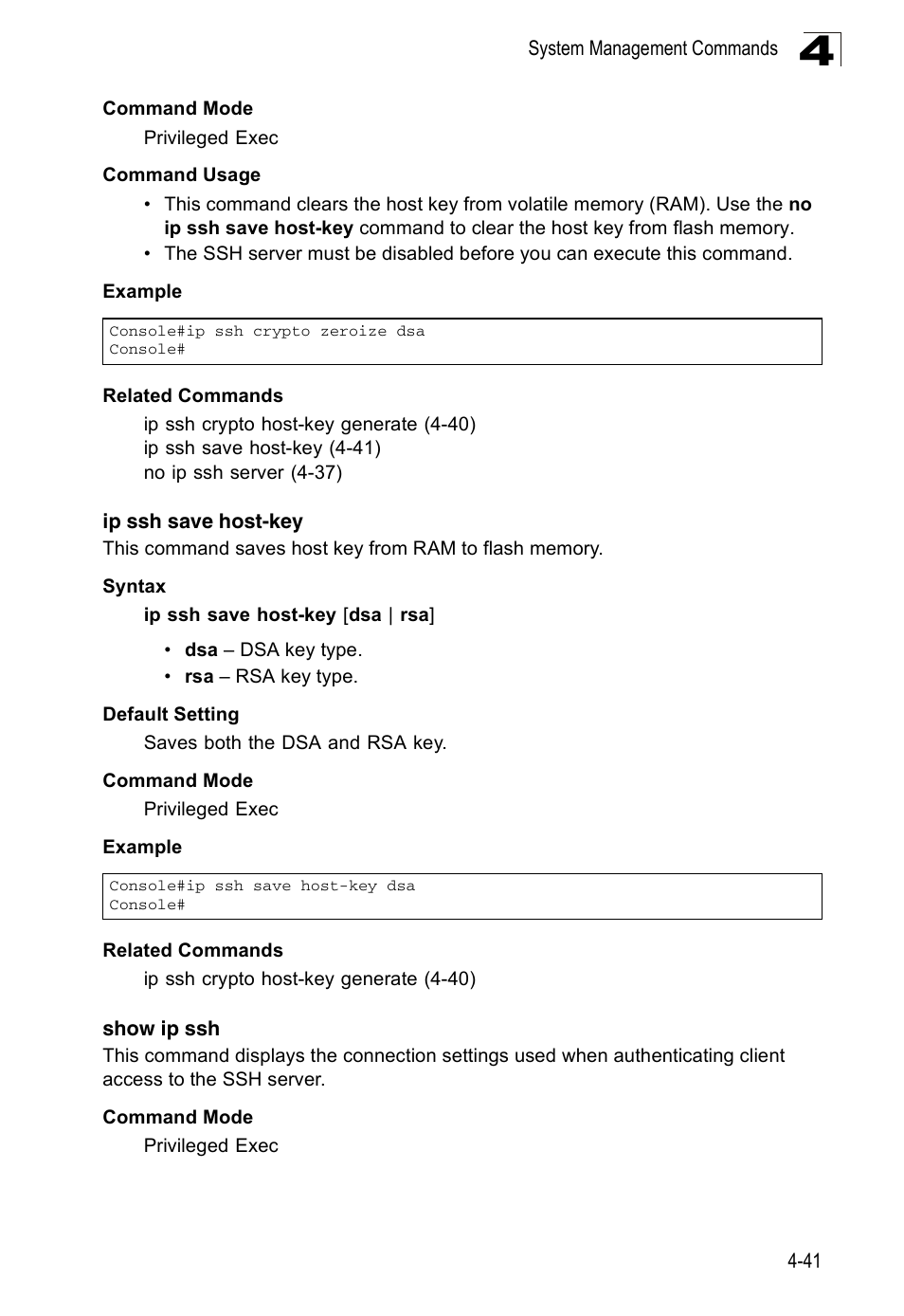 Ip ssh save host-key, Show ip ssh, Ip ssh | Save host-key, Ip ssh save host-key (4-41) | Accton Technology ES3526XA User Manual | Page 283 / 512