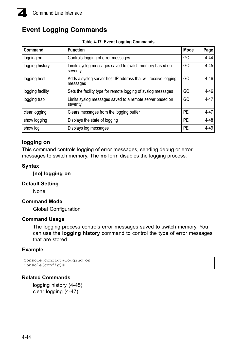 Event logging commands, Logging on, Table 4-17 | Accton Technology ES3526XA User Manual | Page 286 / 512