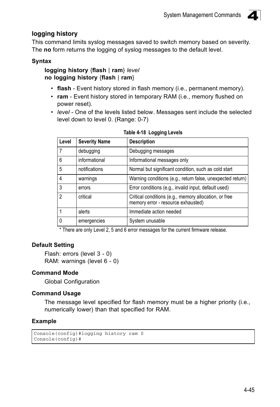 Logging history, Table 4-18, Logging levels | Logging history (4-45) | Accton Technology ES3526XA User Manual | Page 287 / 512