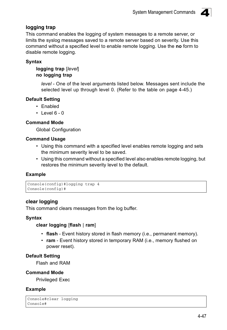 Logging trap, Clear logging, Clear logging (4-47) | Accton Technology ES3526XA User Manual | Page 289 / 512
