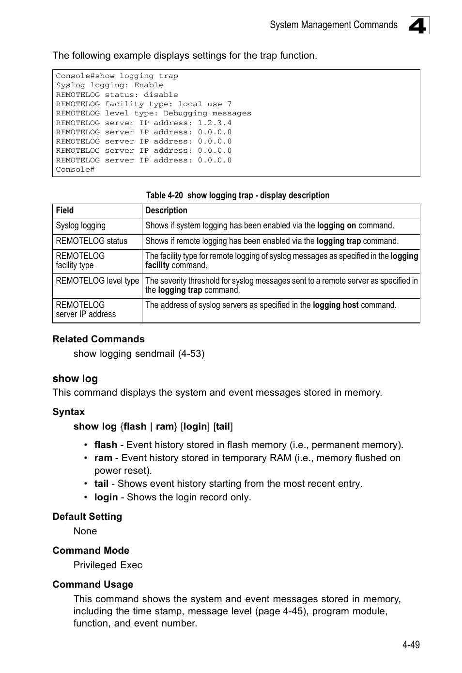 Show log, Table 4-20, Show logging trap - display description | Accton Technology ES3526XA User Manual | Page 291 / 512