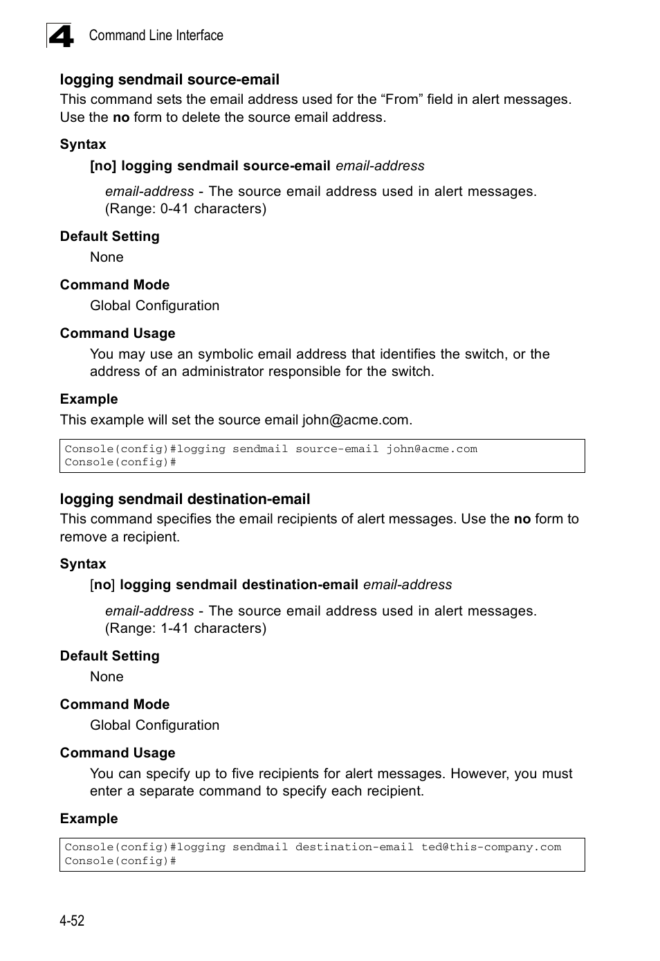 Logging sendmail source-email, Logging sendmail destination-email | Accton Technology ES3526XA User Manual | Page 294 / 512