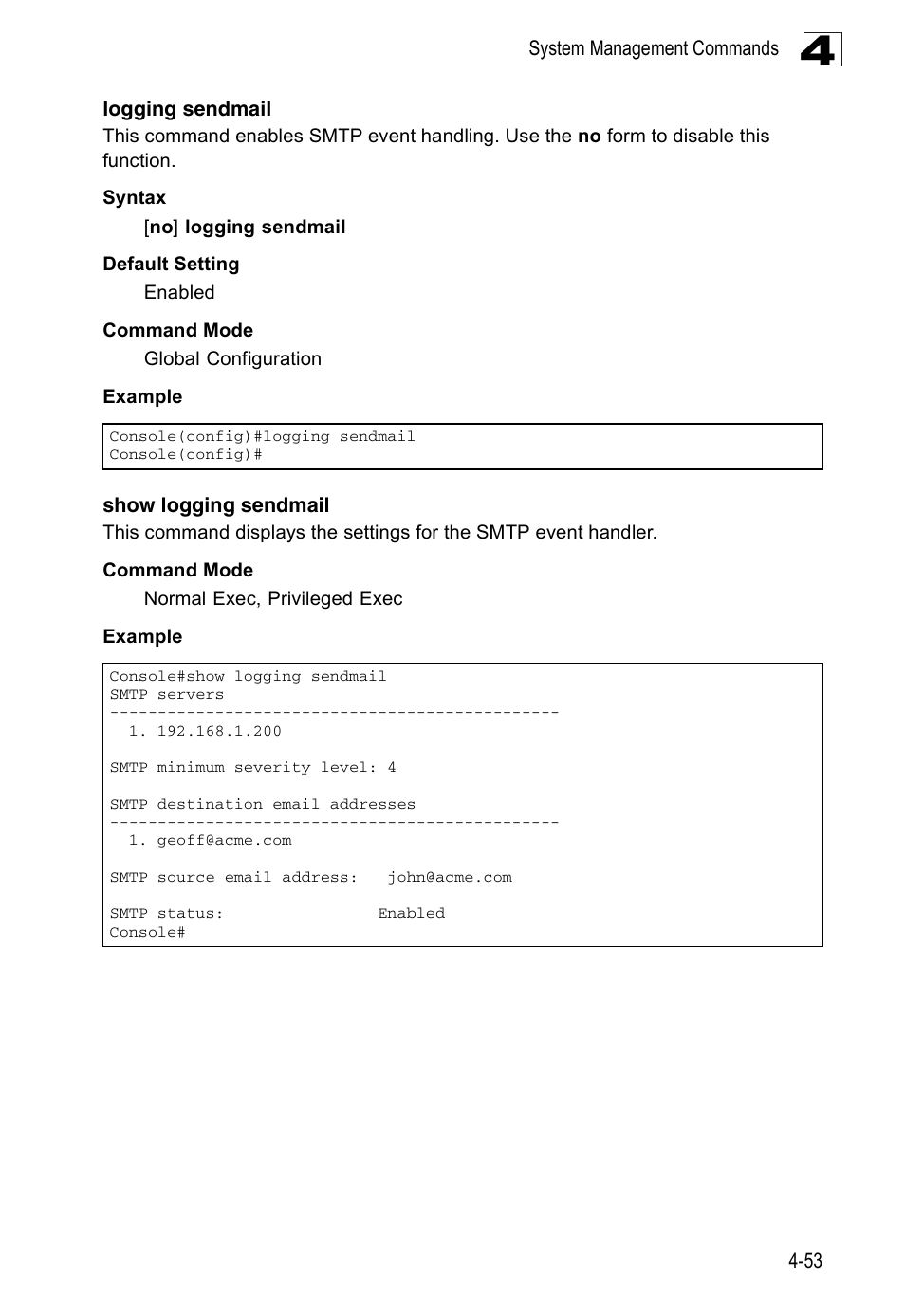 Logging sendmail, Show logging sendmail | Accton Technology ES3526XA User Manual | Page 295 / 512