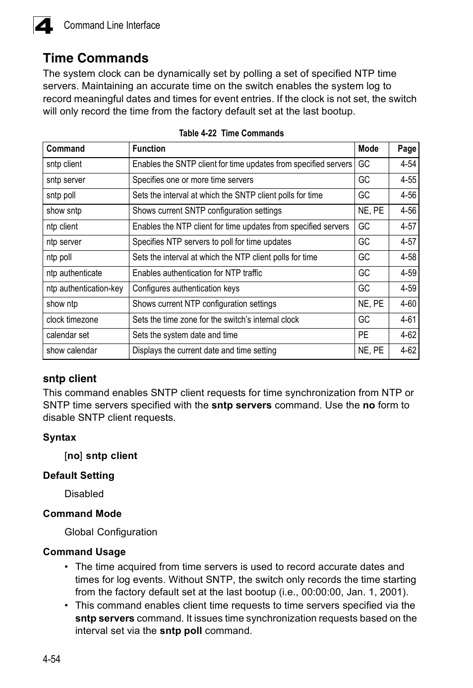 Time commands, Sntp client, Table 4-22 | Accton Technology ES3526XA User Manual | Page 296 / 512