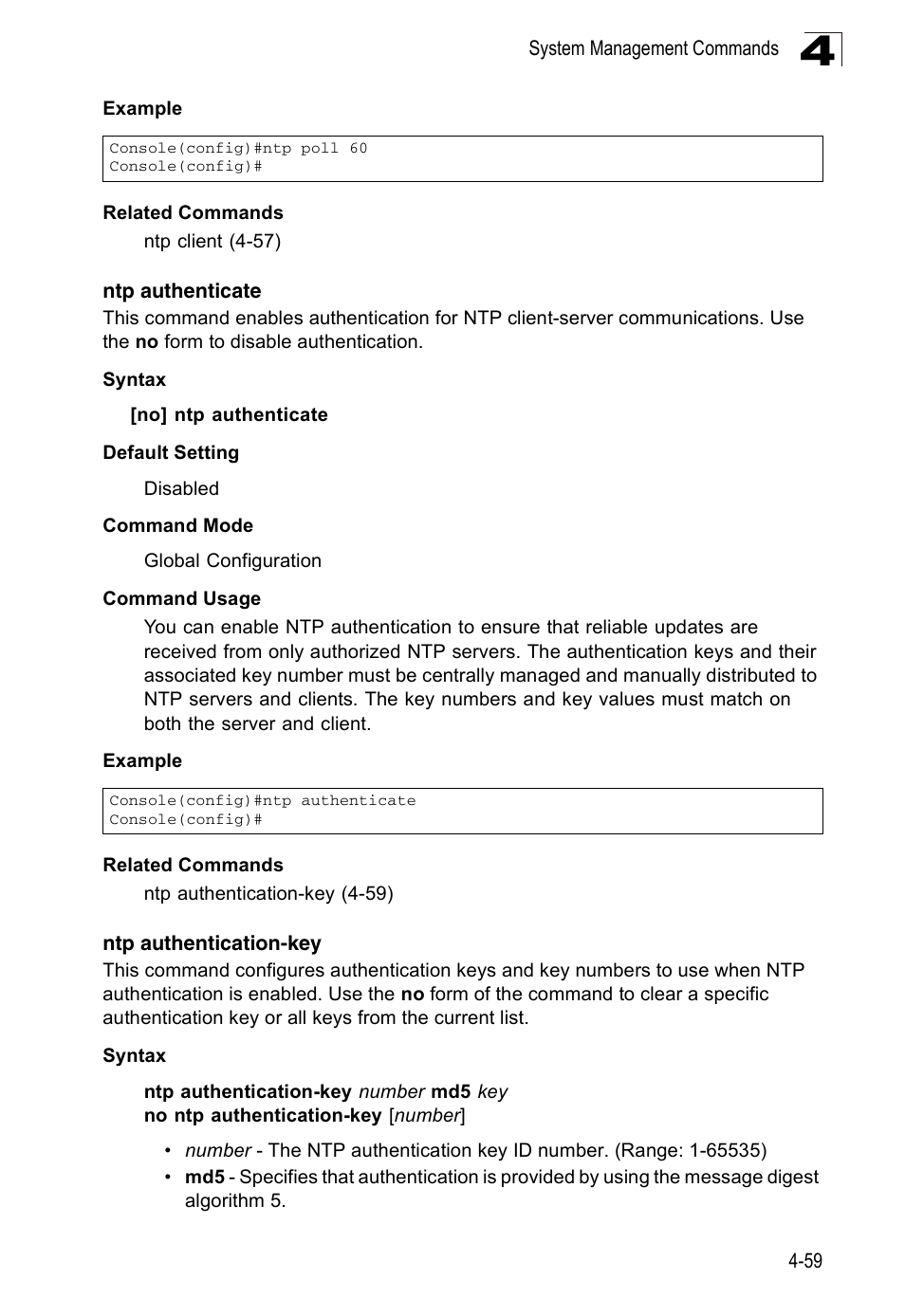 Ntp authenticate, Ntp authentication-key | Accton Technology ES3526XA User Manual | Page 301 / 512