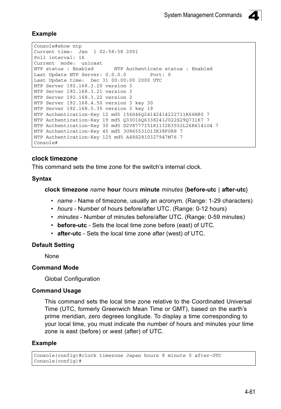 Clock timezone | Accton Technology ES3526XA User Manual | Page 303 / 512