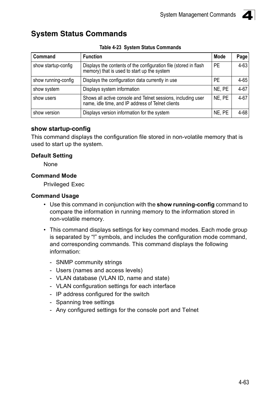 System status commands, Show startup-config, Table 4-23 | Accton Technology ES3526XA User Manual | Page 305 / 512