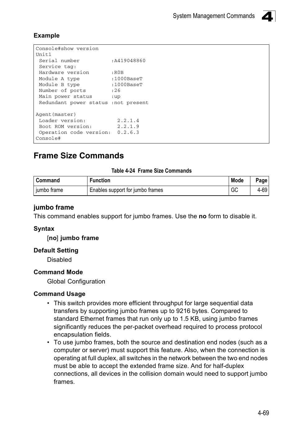 Frame size commands, Jumbo frame, Table 4-24 | Accton Technology ES3526XA User Manual | Page 311 / 512