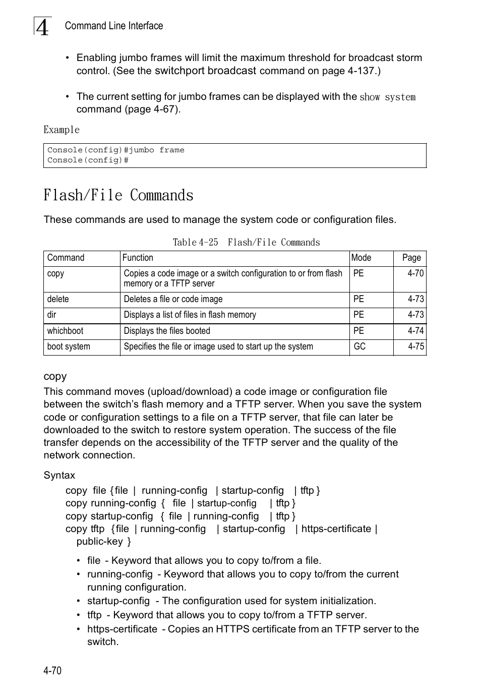 Flash/file commands, Copy, Table 4-25 | Accton Technology ES3526XA User Manual | Page 312 / 512