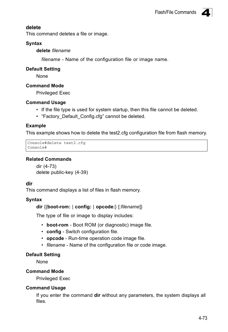 Delete, Delete 4-73 dir 4-73 | Accton Technology ES3526XA User Manual | Page 315 / 512