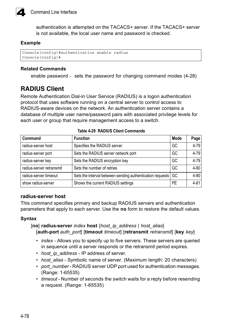 Radius client, Radius-server host, Table 4-29 | Radius client commands | Accton Technology ES3526XA User Manual | Page 320 / 512