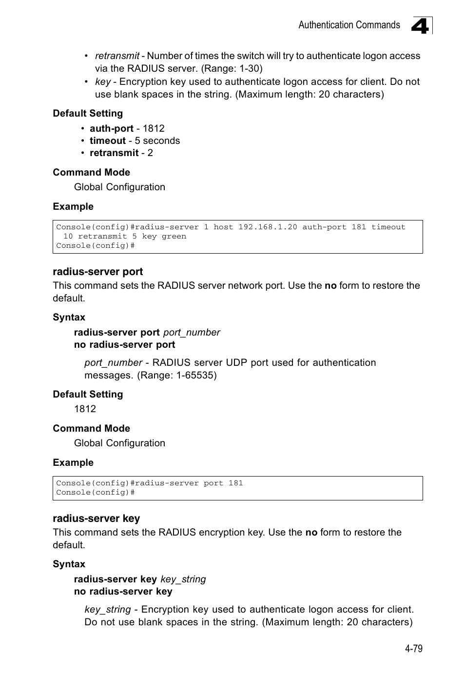 Radius-server port, Radius-server key | Accton Technology ES3526XA User Manual | Page 321 / 512