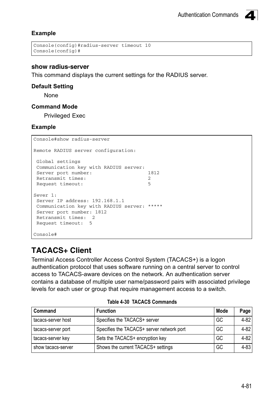Tacacs+ client, Show radius-server, Table 4-30 | Tacacs commands | Accton Technology ES3526XA User Manual | Page 323 / 512
