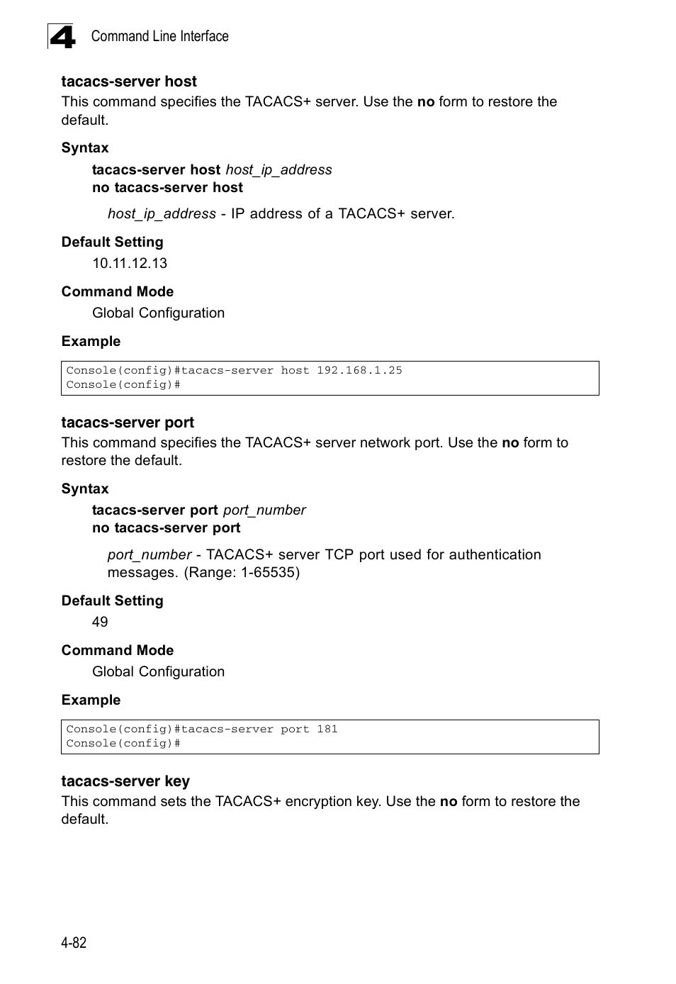 Tacacs-server host, Tacacs-server port, Tacacs-server key | Accton Technology ES3526XA User Manual | Page 324 / 512